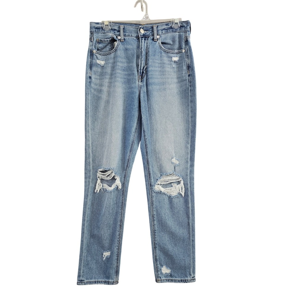 American Eagle Mom Jeans Light Wash Distressed High Rise Straight Leg Blue Denim
